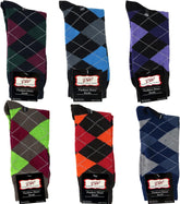 Mens Dress Socks with Bright Argyle Patterns - Cotton - Assorted Colors - Crew Length - Pack of 6 Pairs